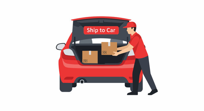 "Ship to Car" Delivery Concept: Courier Loading Cardboard Parcels into a Red Car Trunk