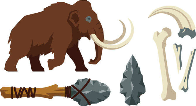Prehistoric Stone Age Vector Set Featuring Woolly Mammoth with Tusks, Stone Spear, Flint Spearhead, and Ancient Bones for History Education and Archaeological Design Illustrations