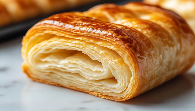 Fresh Crispy Bun on White Background, Golden Flaky Bakery Pastry for Cafe Menu or Bread Advertising