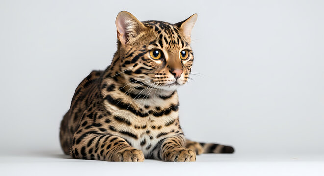 Wild ocelot cat lying down on white background