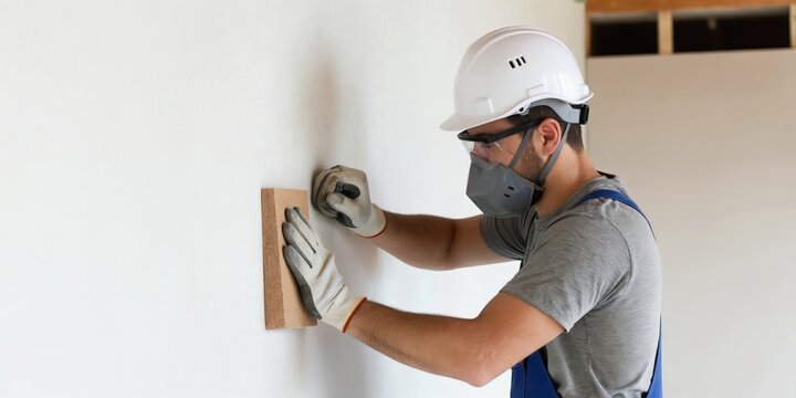 Worker sands white wall with sandpaper block. Man wears hard hat safety glasses mask gloves. Interior construction site, preparing surface for paint. New house renovation, smoothing plaster.