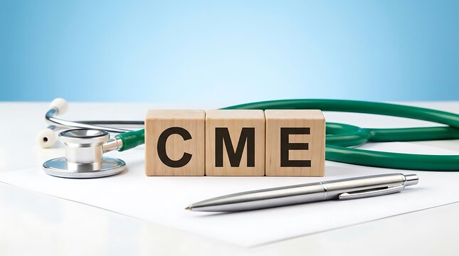 Stethoscope and pen on a medical document with CME blocks