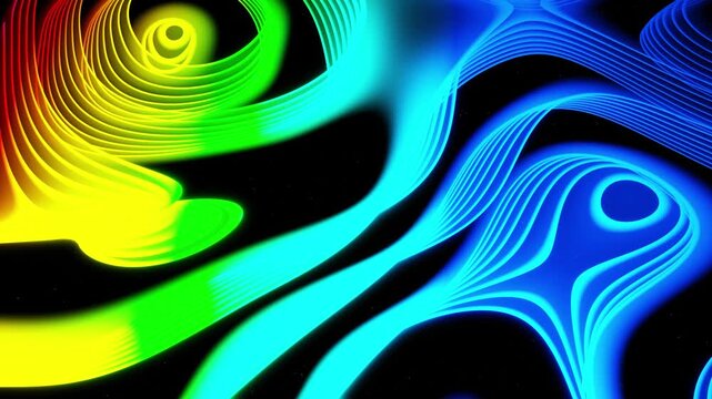 Neon light or glow rainbow color gradient. Fly over 3d multilayer hologram complex pattern. Isometric view. Vj abstract sci fi futuristic bg. Simple shapes periodic noise pattern Like on conveyor belt
