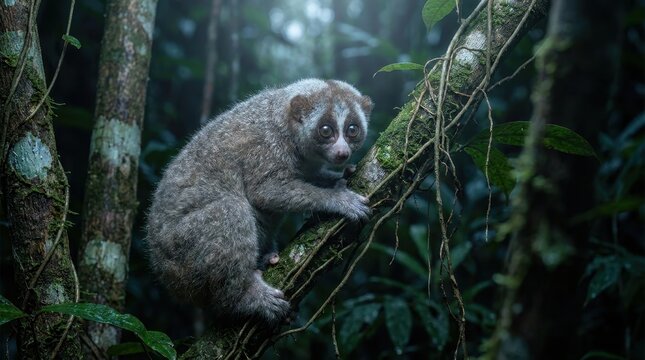 Slow Loris Perched on a Mossy Vine in a Dark Tropical Rainforest