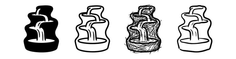 Obraz premium Set of Hand-Drawn Tiered Waterfall and Water Fountain Icons in Multiple Styles Including Silhouette, Bold Outline, and Scribble Sketch for Garden and Landscaping Design Elements