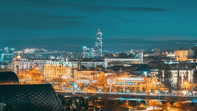 Tbilisi, Georgia. 4k Timelapse Radisson Blu Hotel On Background Of Urban