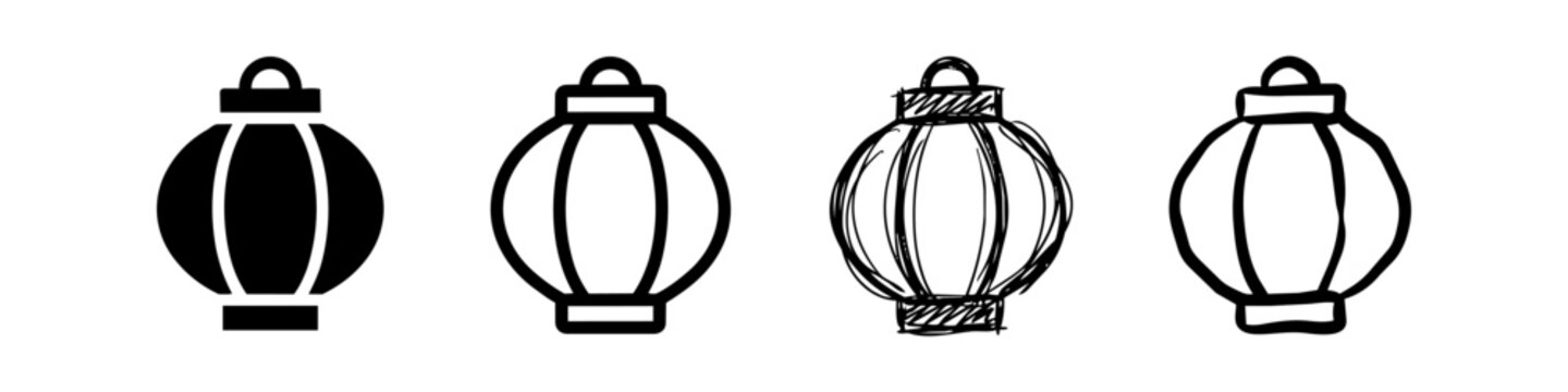 Set of Chinese Lantern Icons in Various Styles including Solid Silhouette, Outline, Hand-Drawn Sketch, and Doodle for Lunar New Year and Mid-Autumn Festival Designs