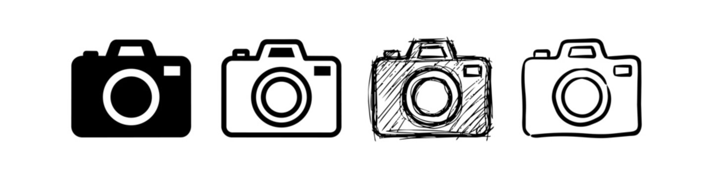 Set of Camera Icons in Various Styles including Solid Silhouette, Simple Outline, Hand-Drawn Sketch, and Doodle for Photography and Design Projects