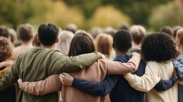 Diverse group of people standing together with arms around each other outdoors