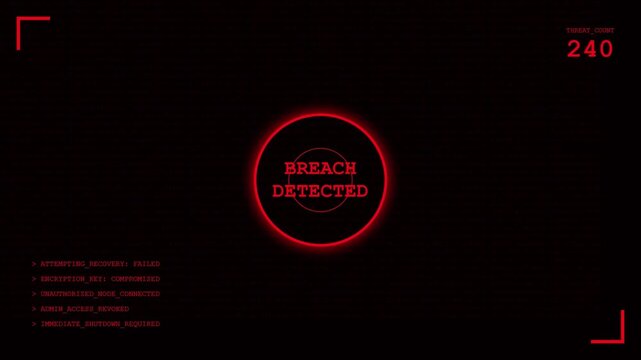 Cyber Security Breach Detected System Error Alert and Compromised Network Threat Data Hacking Interface Animation.
