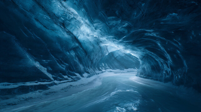 A view inside an ice cave with blue hues and light reflecting off the icy walls and floor of the cave