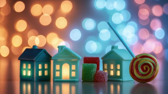 Miniature house figures with glowing windows and colorful candy on reflective surface