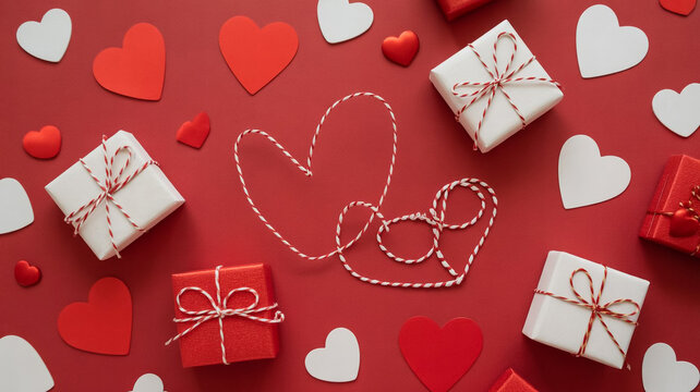 Valentines Day gifts and decorations arranged on red background with hearts