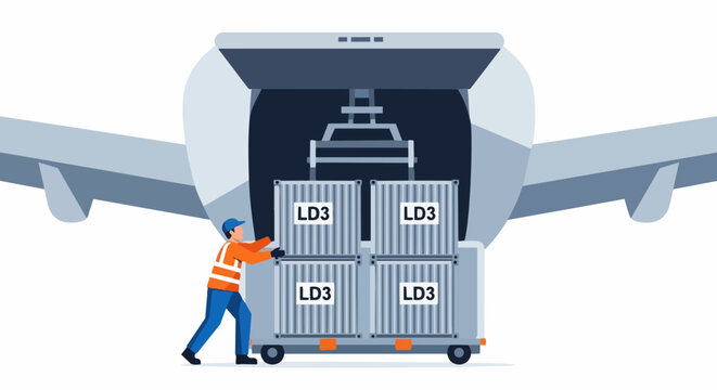 Air Freight Logistics Illustration Showing Airport Ground Crew Worker Loading LD3 Cargo Containers into Airplane Hold