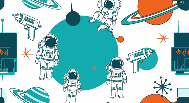 retro space pattern with astronauts planets and ray guns on white background