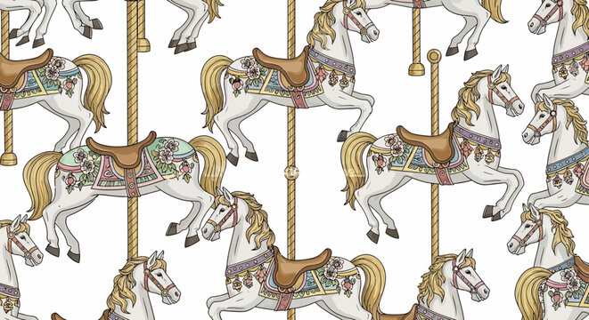 vintage carousel horses with ornate saddles and floral decorations seamless pattern