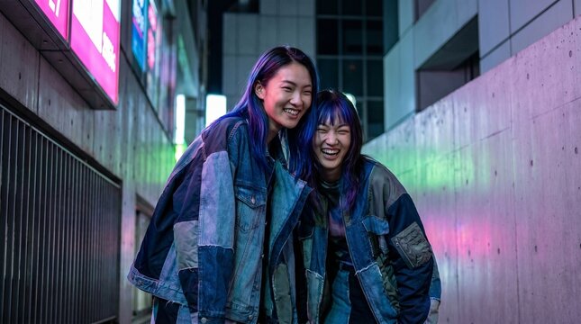 Two friends with vibrant blue-streaked hair share a candid, laughing moment. Their patchwork denim jackets and the soft glow of cyan and magenta neon evoke a joyful urban intimacy.