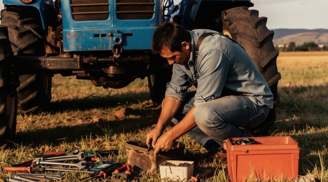 Farmer fixes tractor with tools in farm field. Man repairs agricultural vehicle at sunny day. Male person works on land with machine. Rural outdoor scene.