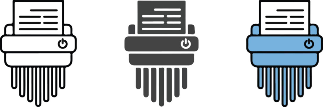 Minimalist paper shredder icon set featuring outline solid and colorful flat vector illustrations for document security privacy protection and office data destruction