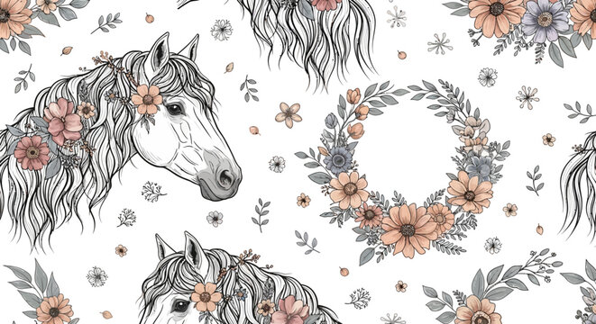 whimsical floral horse pattern with flowers and leaves