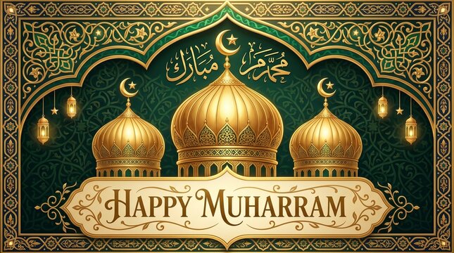 Digital illustration featuring an ornate and symmetrical design with Islamic architectural elements. The layout includes a central dome flanked by two smaller domes, each topped with crescent moons, r