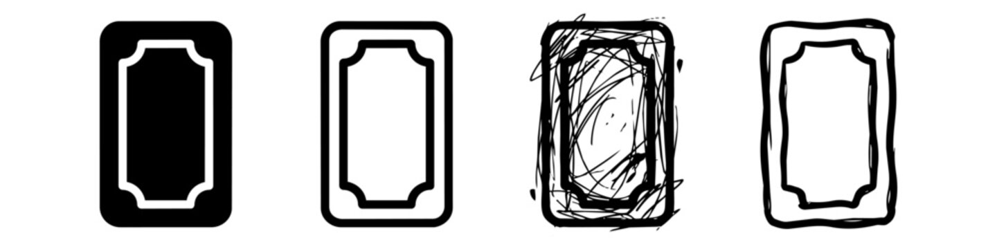 Set of Four Decorative Playing Card Back Icons in Different Styles: Solid Glyph, Outline, Scribble, and Hand-Drawn Sketch Vector Graphics for Design Projects