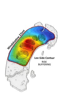 Scientific map illustration showing wind shadow zone and lee side contour for weather risk analysis and safety buffering