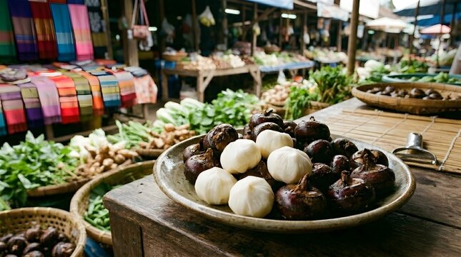 Raw and peeled water chestnuts in a bowl at a traditional outdoor market. Background features fresh vegetables and colorful textiles in a village.