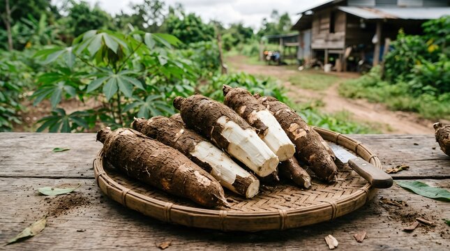 Raw manioc roots on a bamboo tray with a blurred tropical farm and wooden house background. Authentic agricultural harvest and staple food concept.