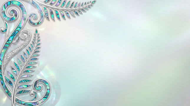 Iridescent koru fern corner border in New Zealand paua shell style, Maori inspired ornamental background with copy space.