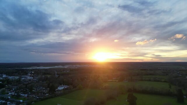 Harefield London Town During Beautiful Sunset over England United Kingdom. High Angle Drone Footage. Harefield is a village in the London Borough of Hillingdon, England, Great Britain.