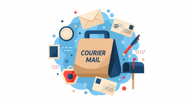 Professional Postal and Courier Service Flat Vector Illustration featuring Mail Bag, Letters, Mailbox, and Shipping Elements for Logistics and Communication Themes
