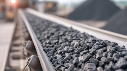 Fototapeta premium Close up of black coal rock loading conveyor belt in industrial environment