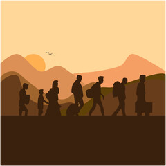 Fototapeta premium World Refugee Day concept with silhouettes of displaced family walking against a blue globe map background. Humanitarian aid and global migration awareness illustration