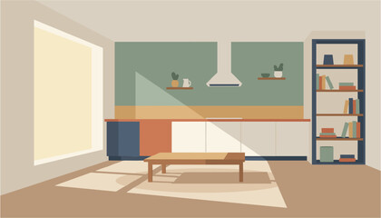 Modern minimalist living room interior with wooden coffee table and bookshelf © Fahim