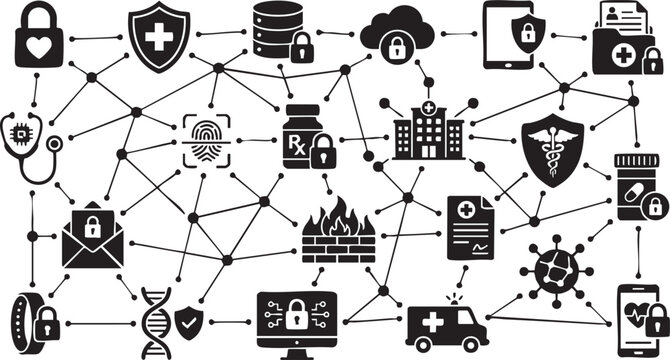 Health data security and privacy network, medical record protection, digital healthcare system, sensitive information safety concept