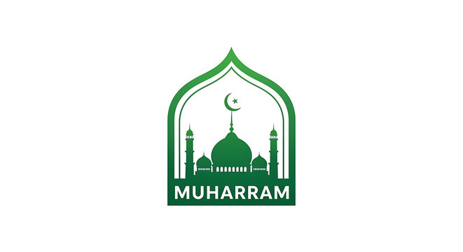 Green muharram islamic logo with mosque and crescent moon