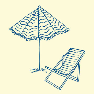 Vector hand drawn illustration with beach sun umbrella and deck chair drawn in lineart whimsical style