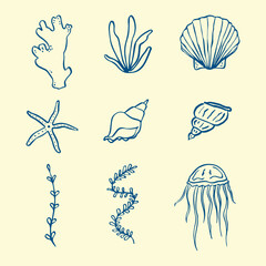 Vector hand drawn set of seaweeds and sea animals drawn in whimsical lineartt style © YelloDesign