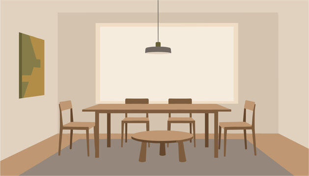 Modern wooden dining table with chairs and round side table in minimalist room
