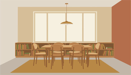 Modern study room with wooden chairs around a table and bookshelves by large windows © Fahim