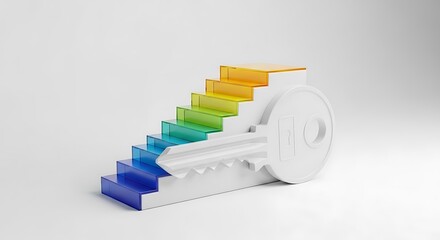 Obraz premium Colorful rainbow steps forming a key shape representing success and professional growth