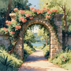 Fototapeta premium Stone archway covered in pink flowers and green vines. A path leads to a lake surrounded by trees. Butterflies fly in the sunny garden. Peaceful nature scene illustration.