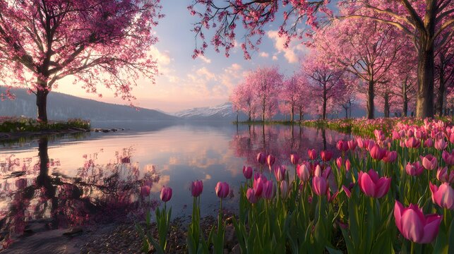 Serene spring lakeside landscape with pink tulips and cherry blossom trees
