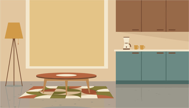 Modern kitchen corner with coffee maker and round table in cozy living space