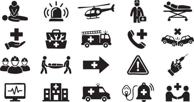 Emergency medical icons set depicting ambulance helicopter first aid kits rescue operations urgent healthcare services accident response disaster management safety