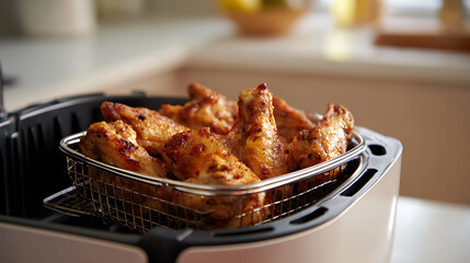 Fototapeta premium Crispy golden brown chicken wings cooked in an air fryer with a metal basket, showcasing healthy homemade meal preparation in a modern kitchen setting