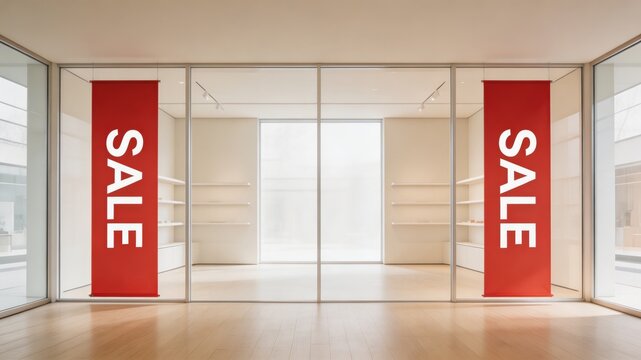 A clean and modern storefront with SALE banners, empty shelves, and a bright interior. The showcases a retail space ready for business, with a focus on the glass windows, red banners, and light wood