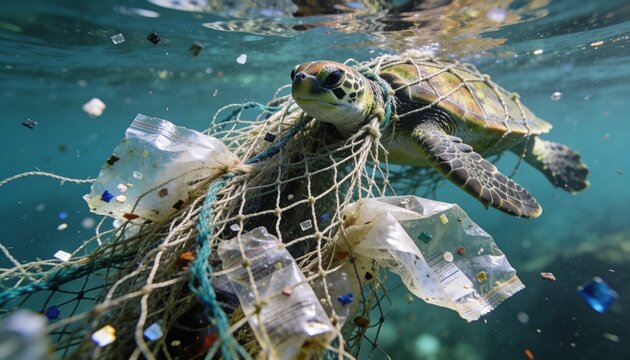 Sea turtle entangled in a ghost fishing net with plastic debris. Marine pollution and ocean conservation concept.
