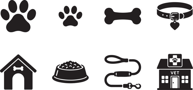 Dog icons, pet symbols, black vector graphics, animal paw prints, dog accessories
